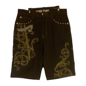 Game Time Jorts Jean Shorts Drk Wash Embroidered Hip Hop Skate Angel Wing Street